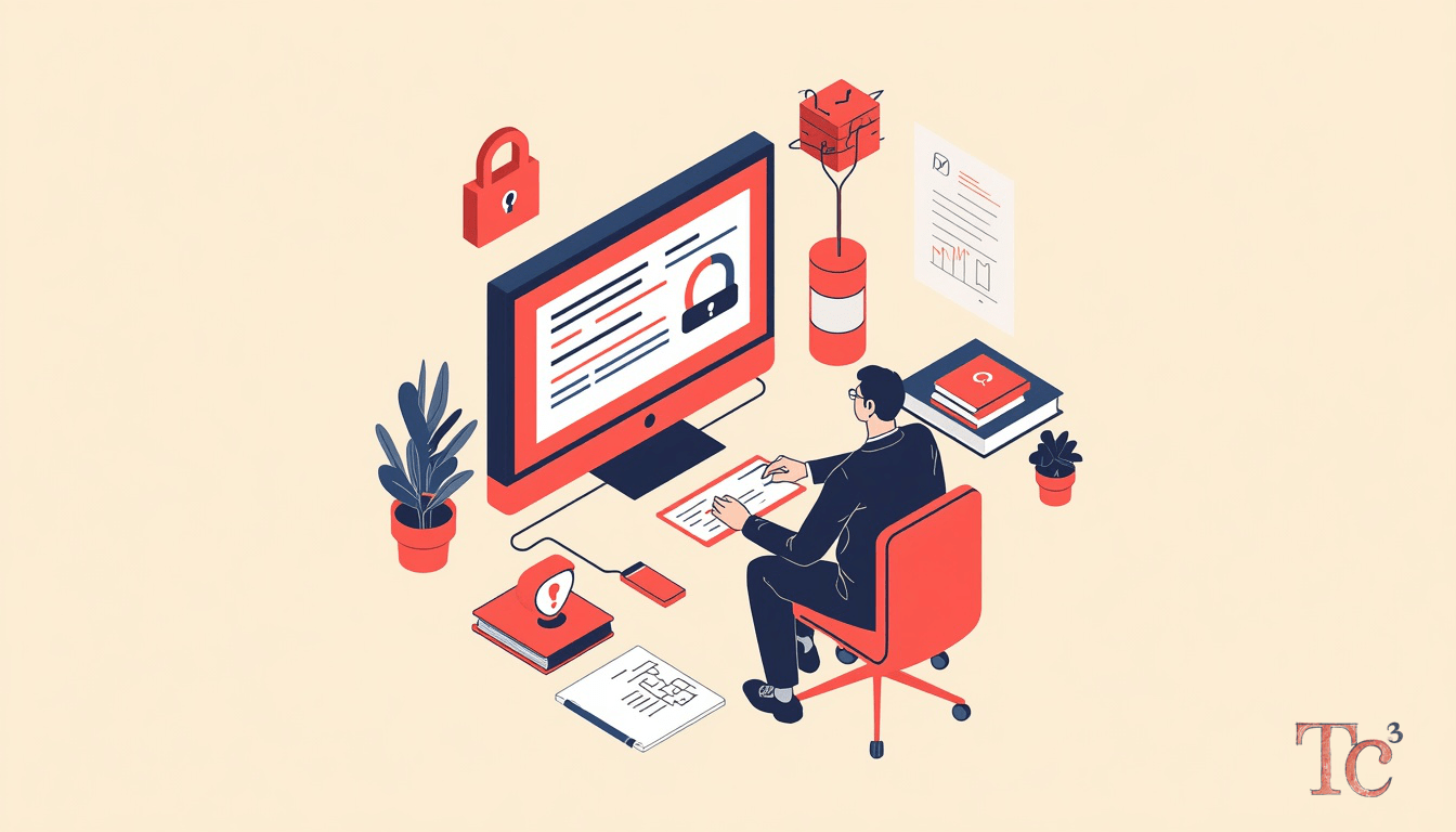 Business owner reviewing AI integration risks on computer screen with security policy documentation