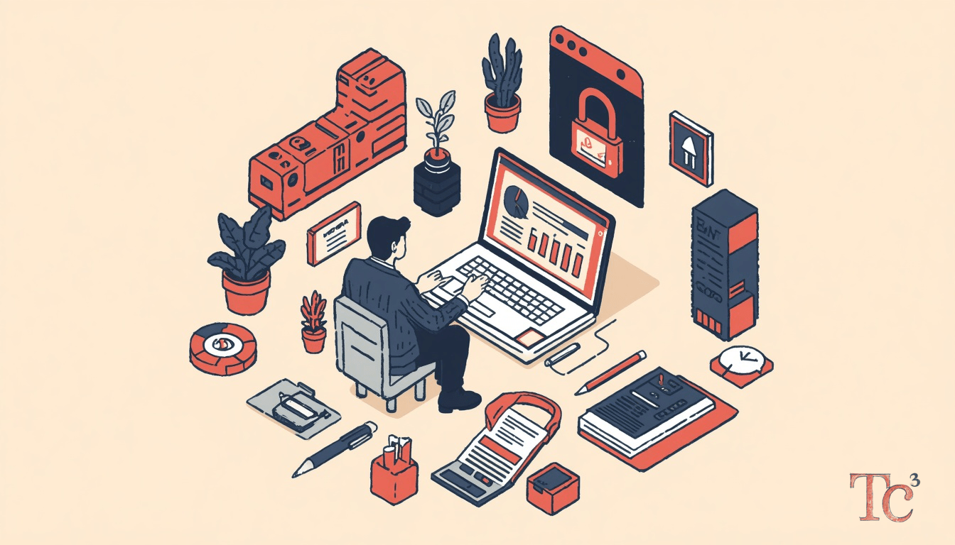 Employee AI Monitoring Risks: What Meta's Breach Reveals 1 Business owner reviewing employee AI monitoring risks and data security policies on laptop