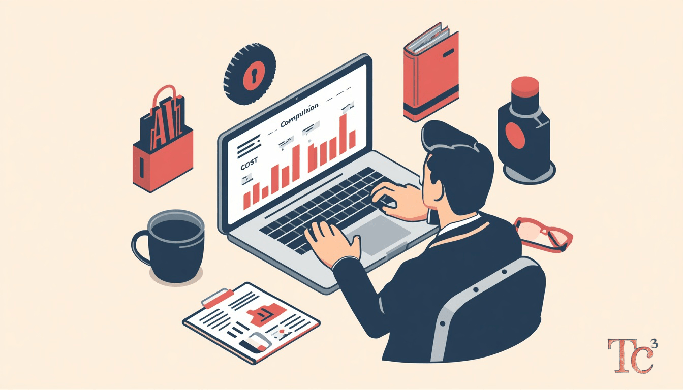 AI Vendor Selection: 4 Cost vs. Capability Questions 1 Business owner reviewing AI vendor selection criteria on laptop screen with cost and security comparison charts