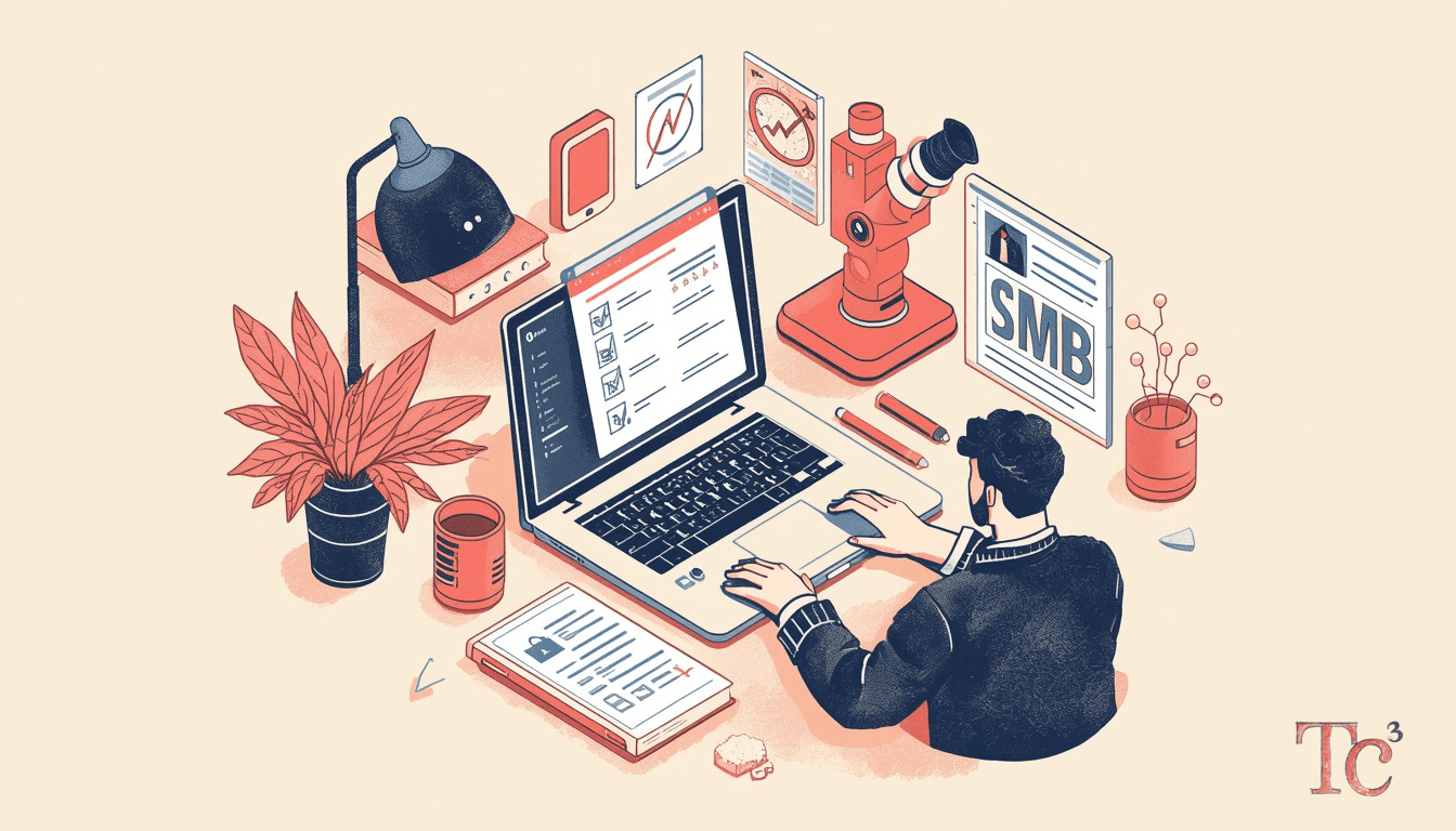 AI Cyberattacks: 5 Ways SMBs Can Prepare Now 1 SMB owner reviewing AI cyberattacks protection checklist on laptop with security controls documentation
