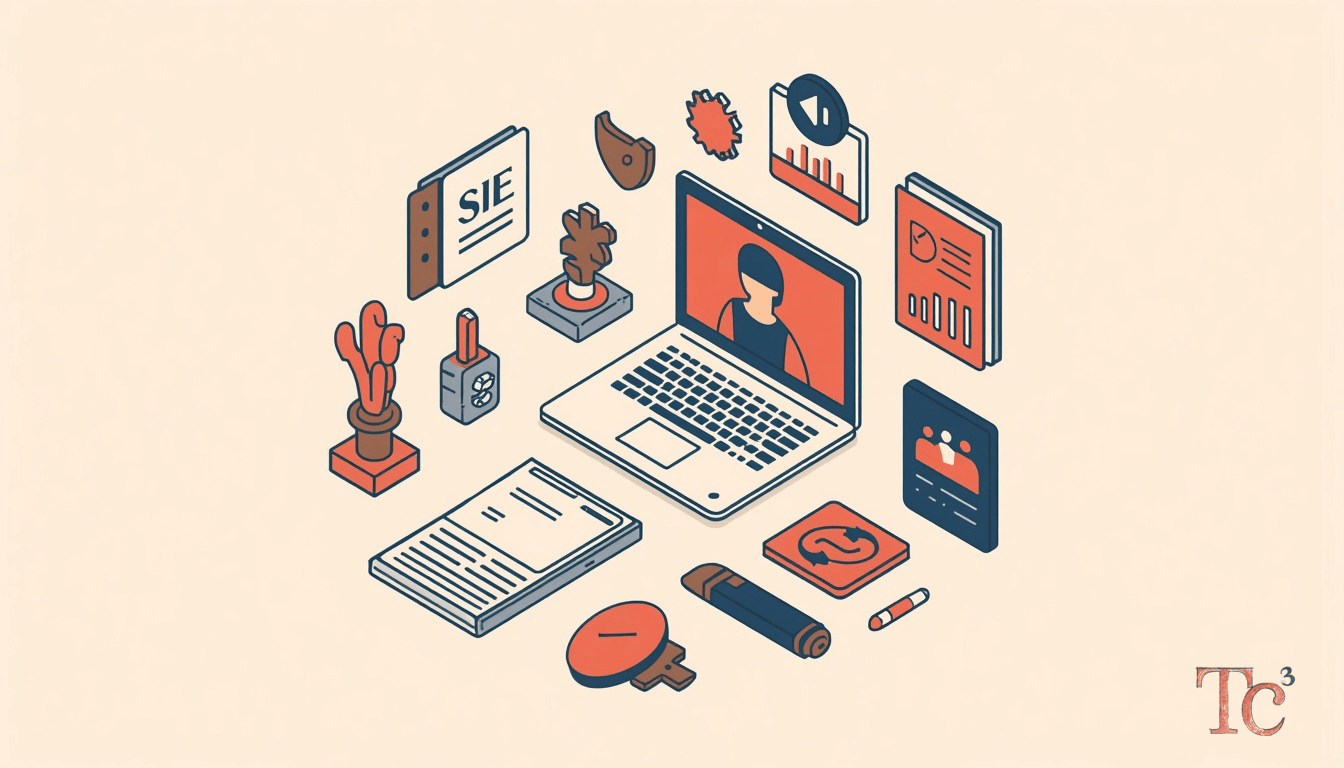 Business owner reviewing video conference malware security measures on laptop to protect remote team from compromised conferencing platforms