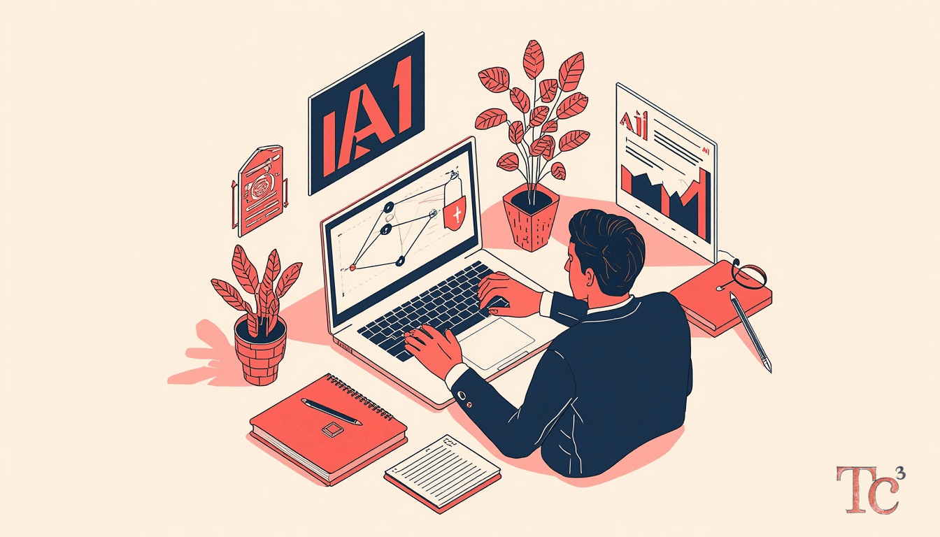 Business owner reviewing AI cybercrime risks and security controls on laptop with network diagram