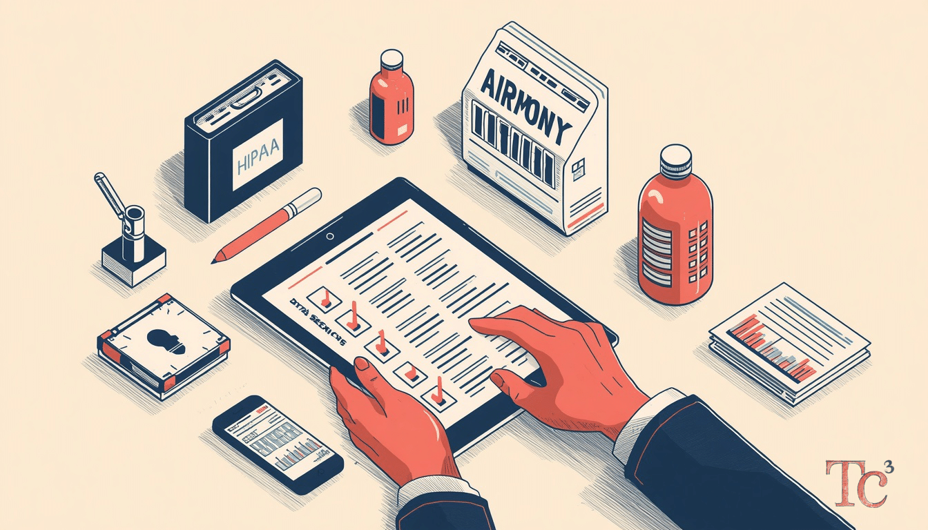 Healthcare professional reviewing HIPAA data breach fines compliance checklist on tablet to prevent penalties